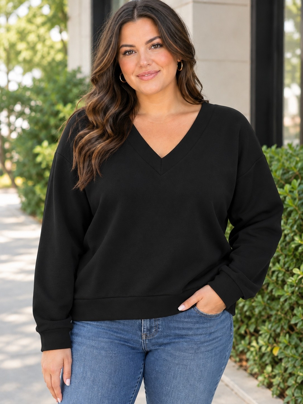 A New Day Women's Black V-Neck Long Sleeve Sweatshirt